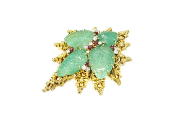 Carved Emerald Ruby and Diamond Brooch - Image 3