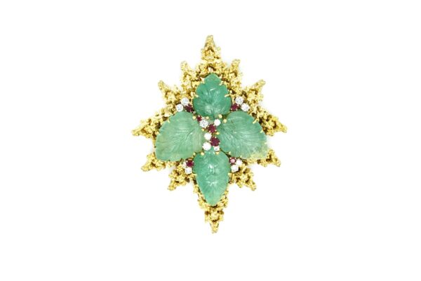 Carved Emerald Ruby and Diamond Brooch - Image 5