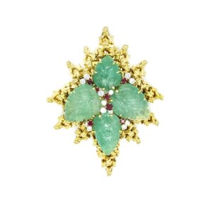 Carved Emerald Ruby and Diamond Brooch