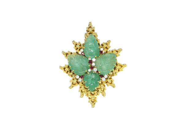 Carved Emerald Ruby and Diamond Brooch - Image 6