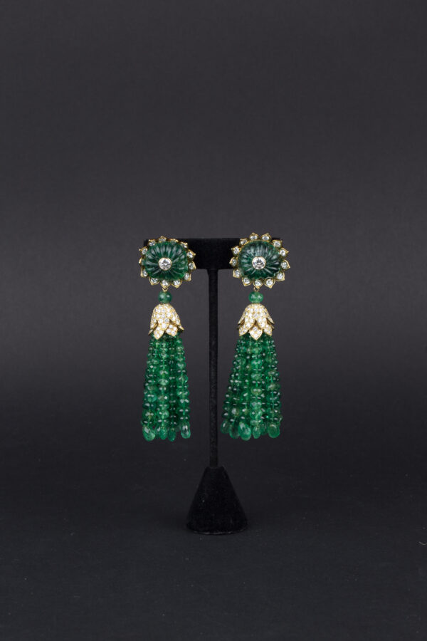 Beautiful Emerald Beads and Diamond Ear-Pendants