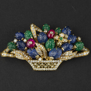 Tutti Frutti Gem-Set and Diamond Basket Brooch