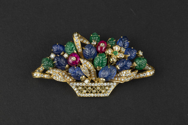 Tutti Frutti Gem-Set and Diamond Basket Brooch