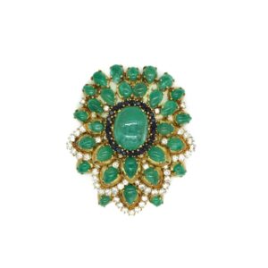 Cabochon Emerald, Diamond and Gold Brooch