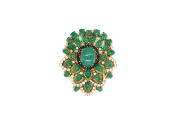 Cabochon Emerald, Diamond and Gold Brooch