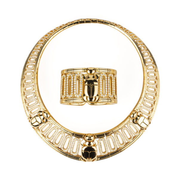 Cartier Rare Egyptian Revival Gold and Diamond Scarab Set