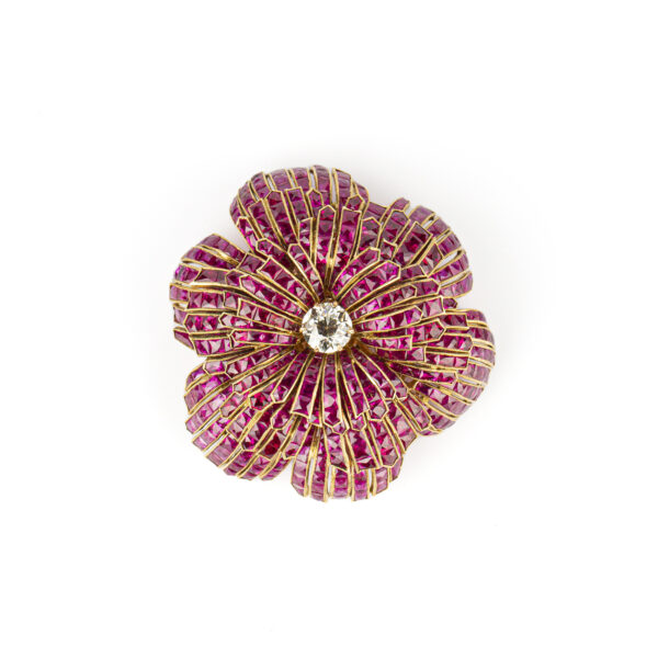 Exquisite Ruby and Diamond Flower Brooch