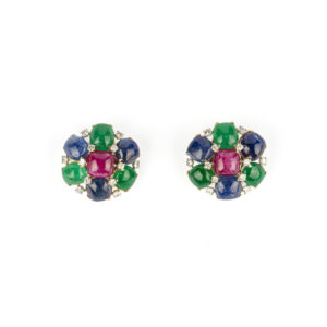 Cabochon Emerald, Sapphire and Ruby Earclips