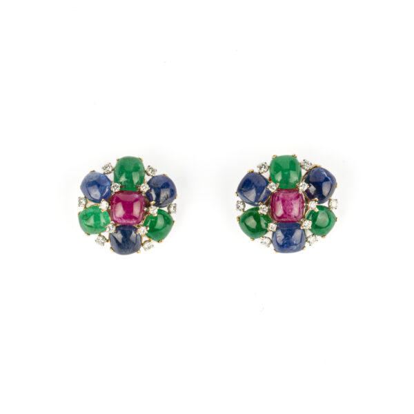 Cabochon Emerald, Sapphire and Ruby Earclips
