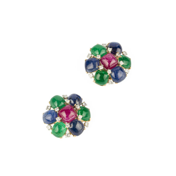 Cabochon Emerald, Sapphire and Ruby Earclips - Image 2