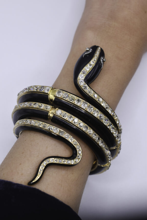 Antique Victorian 18k Gold & Black Enamel Diamond Snake Bracelet - Image 2