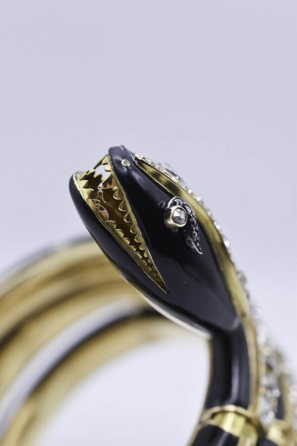 Antique Victorian 18k Gold & Black Enamel Diamond Snake Bracelet - Image 3