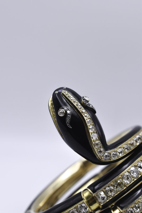 Antique Victorian 18k Gold & Black Enamel Diamond Snake Bracelet - Image 4