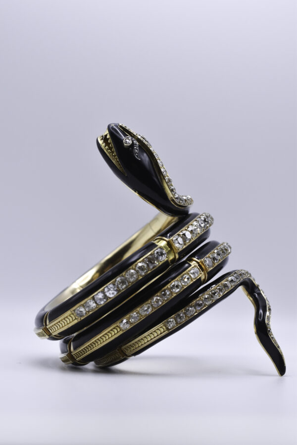 Antique Victorian 18k Gold & Black Enamel Diamond Snake Bracelet - Image 5