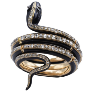 Antique Victorian 18k Gold & Black Enamel Diamond Snake Bracelet