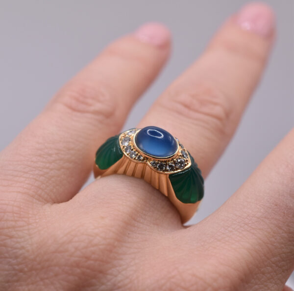 Vintage Cartier 18k Gold Sapphire, Chrysoprase and Diamond Ring, c. 1980 - Image 2