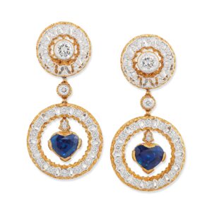 Buccellati Heart Shaped Sapphire and Diamond Dangle Earrings, c. 1970