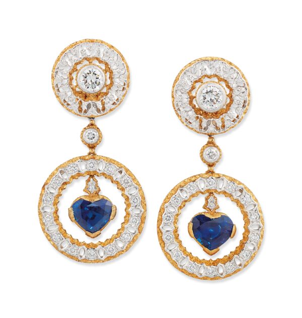 Buccellati Heart Shaped Sapphire and Diamond Dangle Earrings, c. 1970