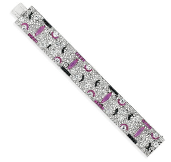 Art Deco Platinum Ruby, Diamond and Onyx Bracelet