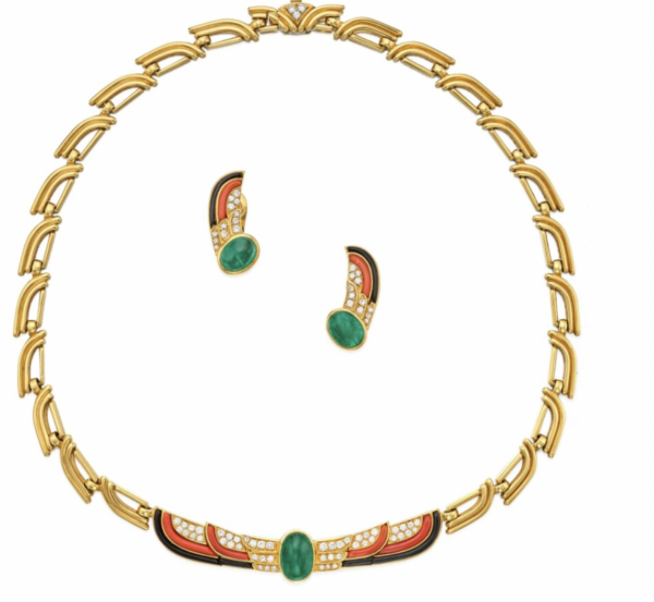 Bulgari Egyptian Revival Coral, Onyx and Diamond Parure, c.1960