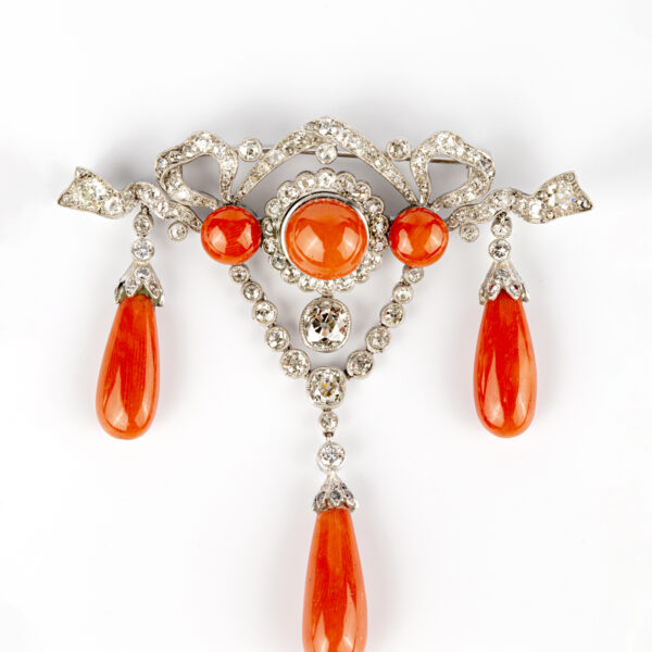 Antique Bow Ribbon Style Brooch with Old Cut Diamonds and Fine Red Coral - Image 3