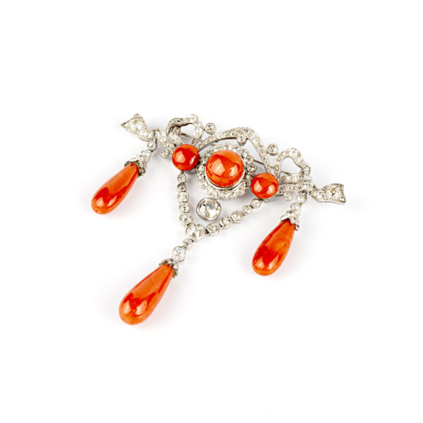 Antique Bow Ribbon Style Brooch with Old Cut Diamonds and Fine Red Coral - Image 2