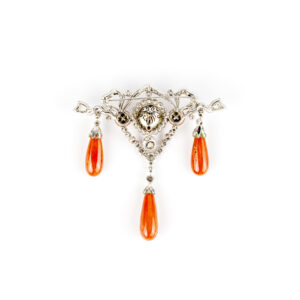 Antique Bow Ribbon Style Brooch with Old Cut Diamonds and Fine Red Coral
