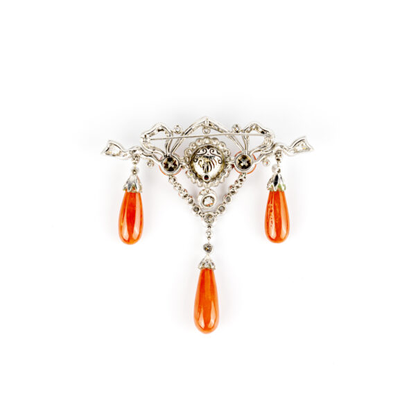 Antique Bow Ribbon Style Brooch with Old Cut Diamonds and Fine Red Coral