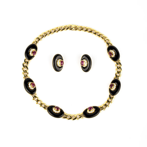 Rare Bulgari Onyx, Ruby and Gold "Half Moon" Set