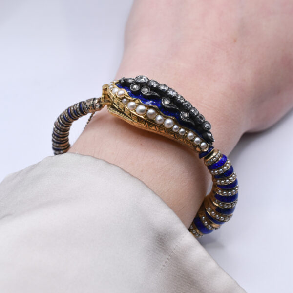 Antique Georgian Diamond, Seed Pearl and Blue Enamel Snake Bracelet - Image 3