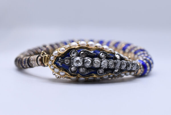 Antique Georgian Diamond, Seed Pearl and Blue Enamel Snake Bracelet - Image 6