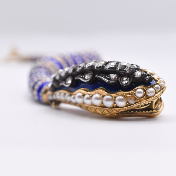 Antique Georgian Diamond, Seed Pearl and Blue Enamel Snake Bracelet - Image 2