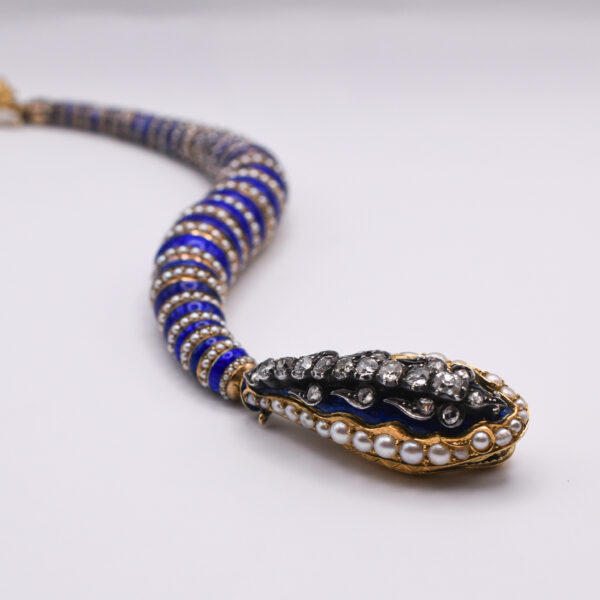 Antique Georgian Diamond, Seed Pearl and Blue Enamel Snake Bracelet - Image 5