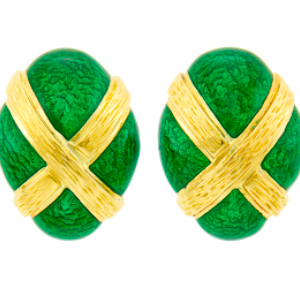 David Webb Green Guilloché Enamel and Gold Earclips