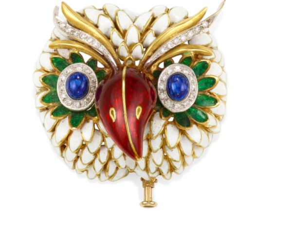 1960s Multi-Colour Enamel and Diamond Owl Brooch