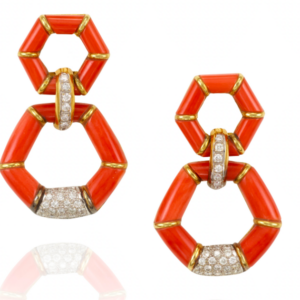 Coral and Diamond 'Door Knocker' Style Gold Earrings