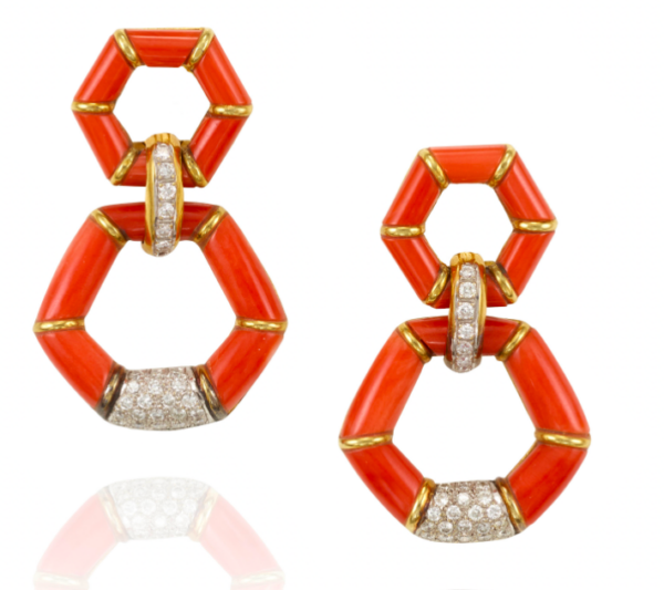Coral and Diamond 'Door Knocker' Style Gold Earrings