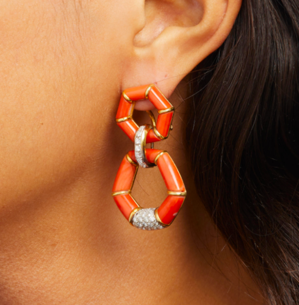 Coral and Diamond 'Door Knocker' Style Gold Earrings - Image 2