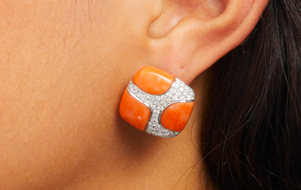 1970s Coral and Diamond Earclips - Image 2