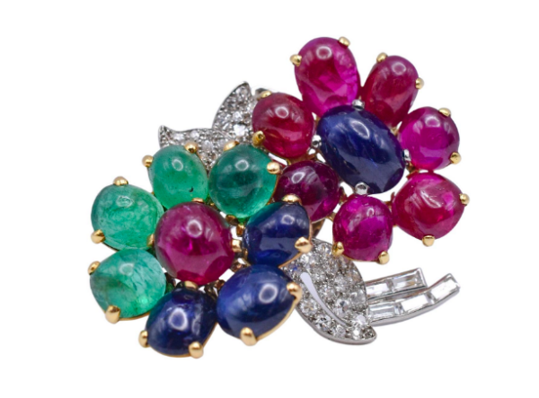 Rare Cartier Ruby, Emerald, Sapphire and Diamond Brooch