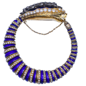 Antique Georgian Diamond, Seed Pearl and Blue Enamel Snake Bracelet