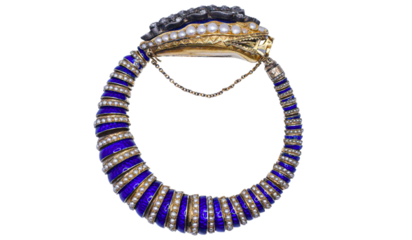 Antique Georgian Diamond, Seed Pearl and Blue Enamel Snake Bracelet