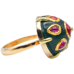 Indian Jade and Ruby Dome Ring in 18k Yellow Gold