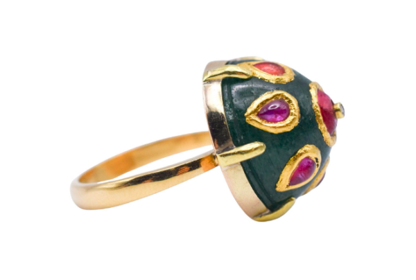 Indian Jade and Ruby Dome Ring in 18k Yellow Gold