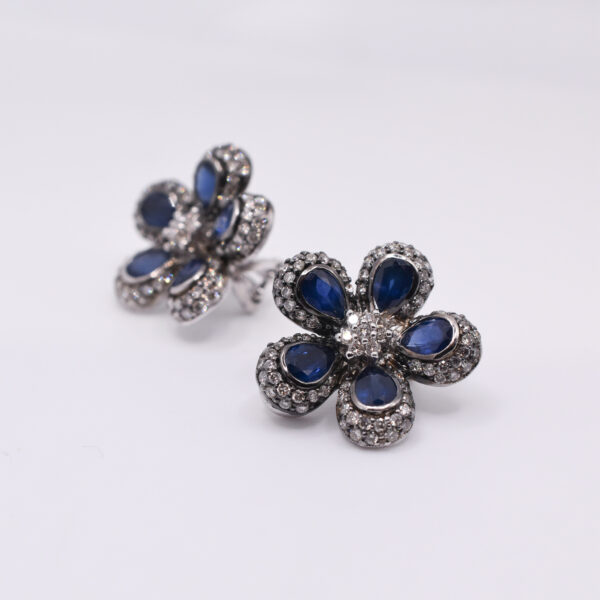 Sapphire and Diamond Flower Earrings in 18K White Gold - Image 2