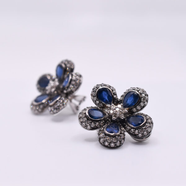 Sapphire and Diamond Flower Earrings in 18K White Gold - Image 3