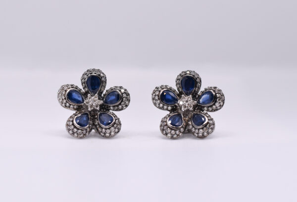 Sapphire and Diamond Flower Earrings in 18K White Gold - Image 4