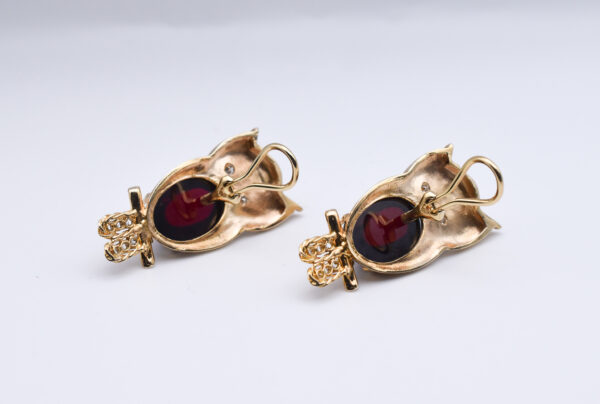 Garnet and Diamond Owl Gold Earrings - Image 3