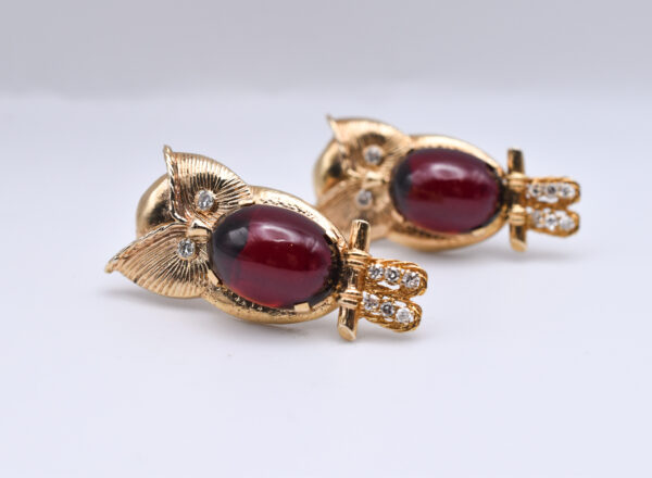 Garnet and Diamond Owl Gold Earrings - Image 2