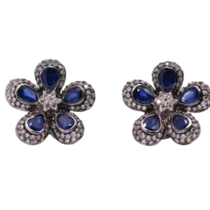 Sapphire and Diamond Flower Earrings in 18K White Gold